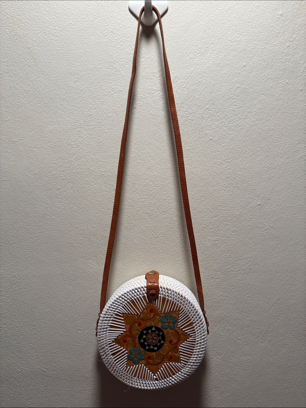 Woven Round Crossbody Bag in White with Tan Strap